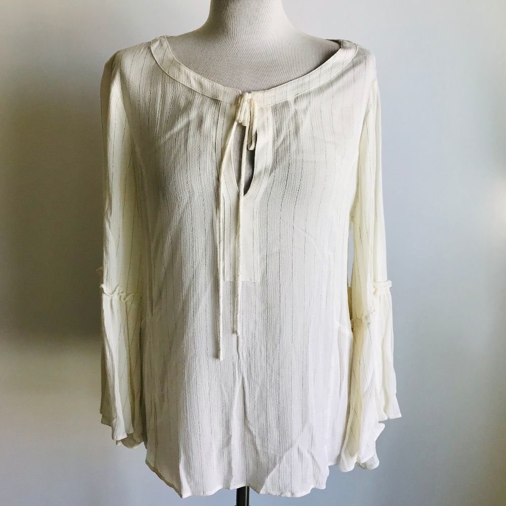 NWOT Ellen Tracy Stripe Cream Bell Sleeve Top Blouse Large‎